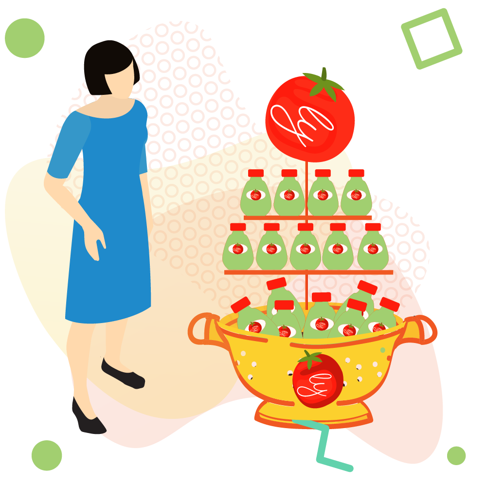 A woman stands next to a point of purchase (POP) display shaped like a collandar and holding a food item. Promotion for 2023 OMA Awards.